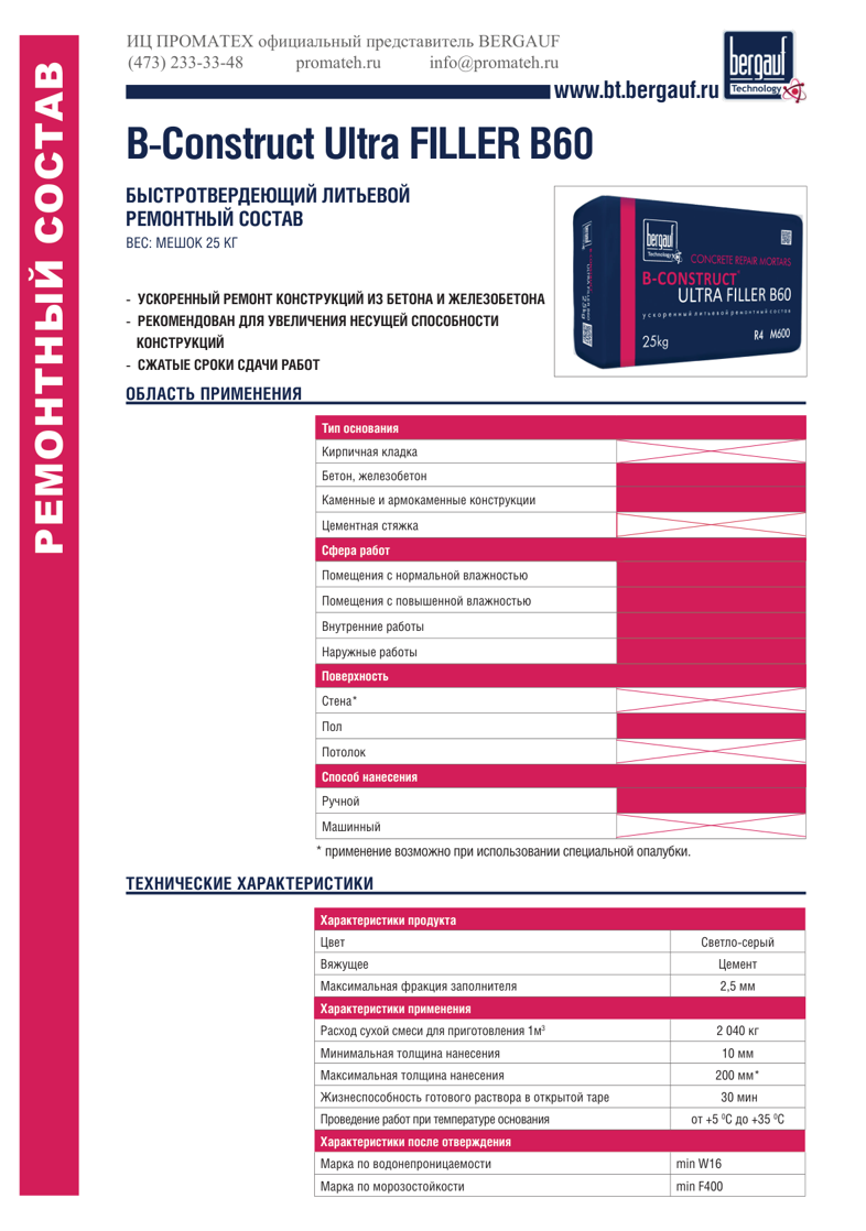Техническое описание B-Construct Ultra FILLER B60