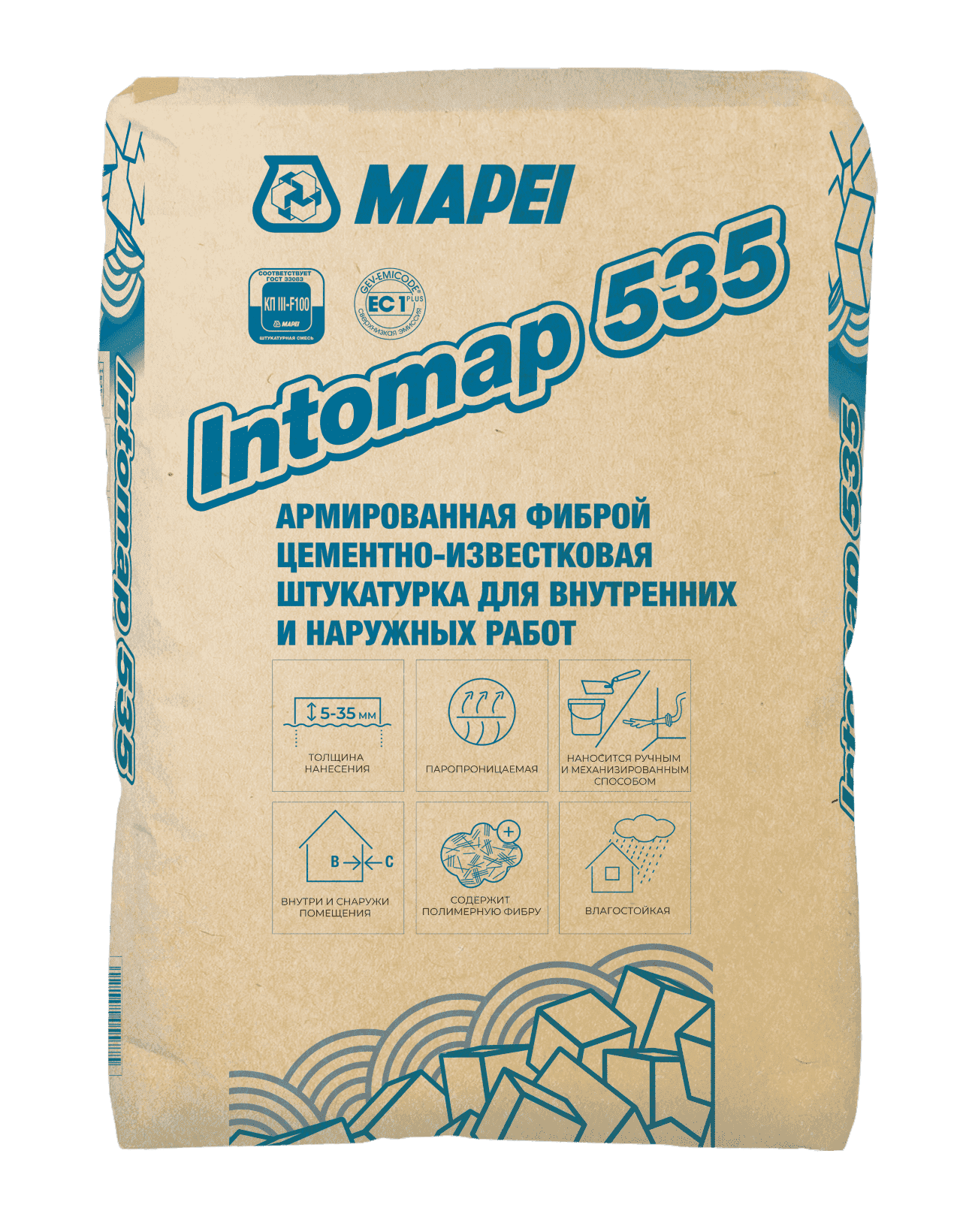 Intomap 535 Смесь сухая штукатурная тяжёлая для внутренних и наружных работ класс КП III F 100 для механизированного и ручного нанесения